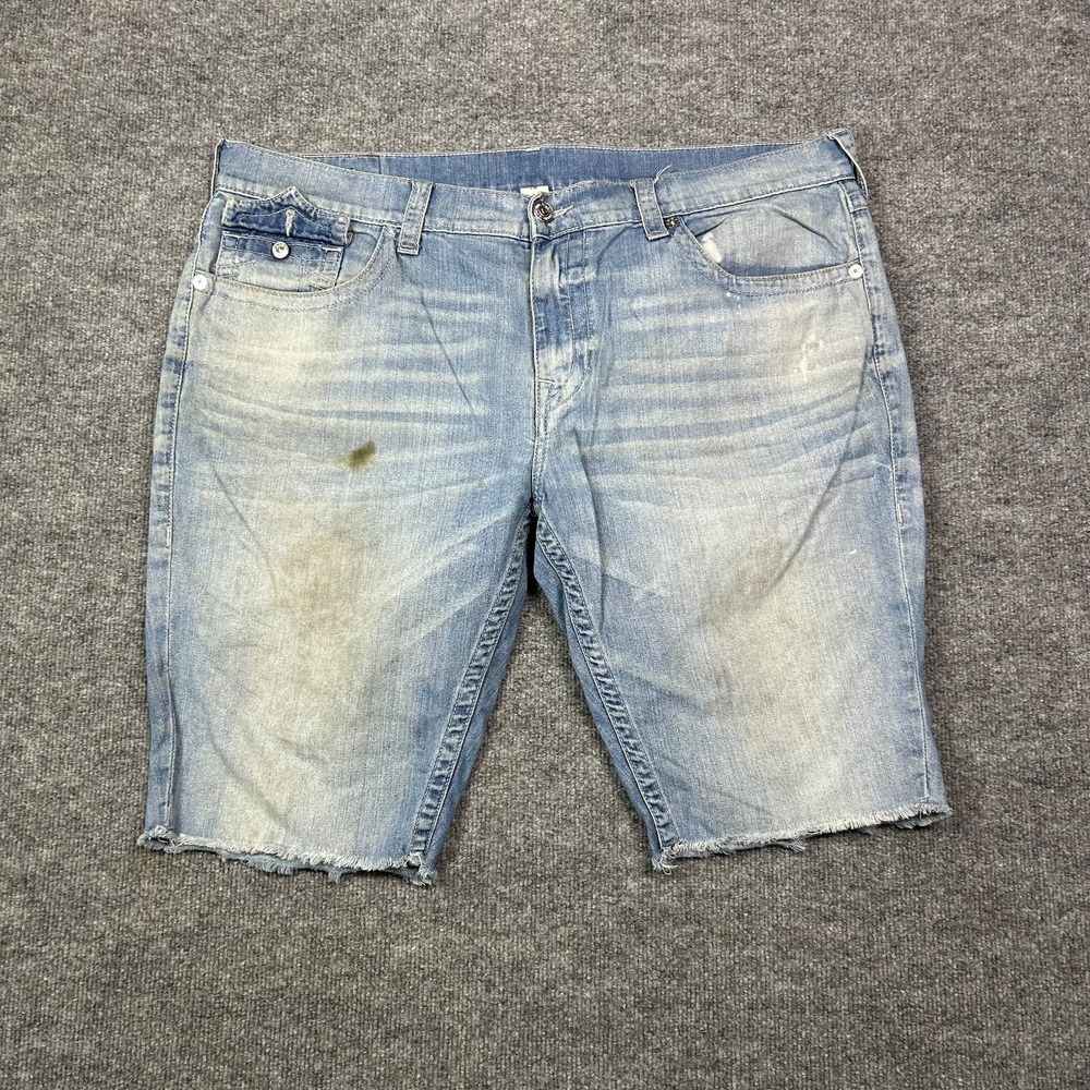 True Religion Ricky Relaxed Straight Denim Shorts‎ Men's Blue Frayed Hem - W45
